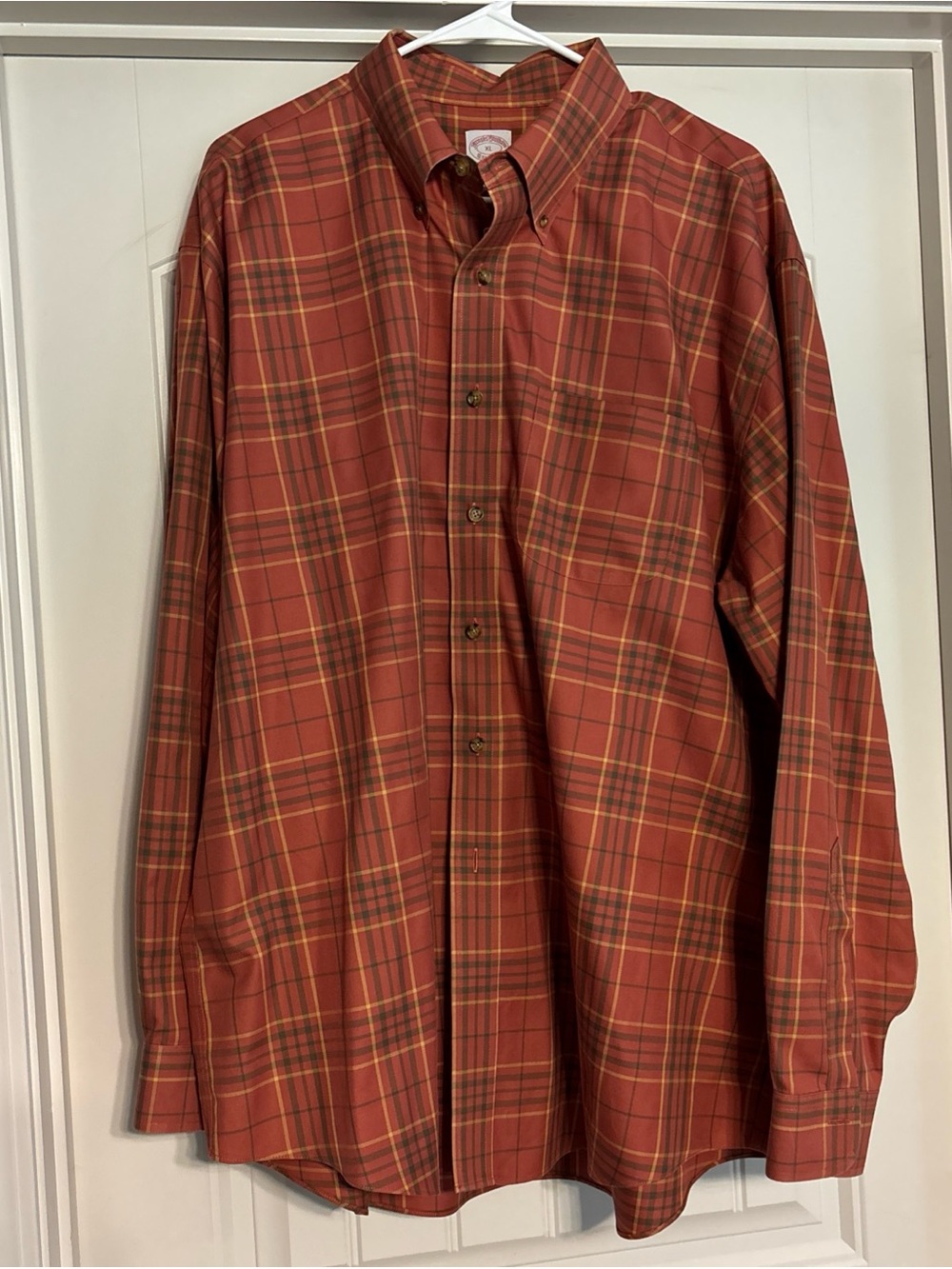 Brooks Brother Shirt Mens XL BurntOrange Plaid The Original Polo Long Sleeve EUC